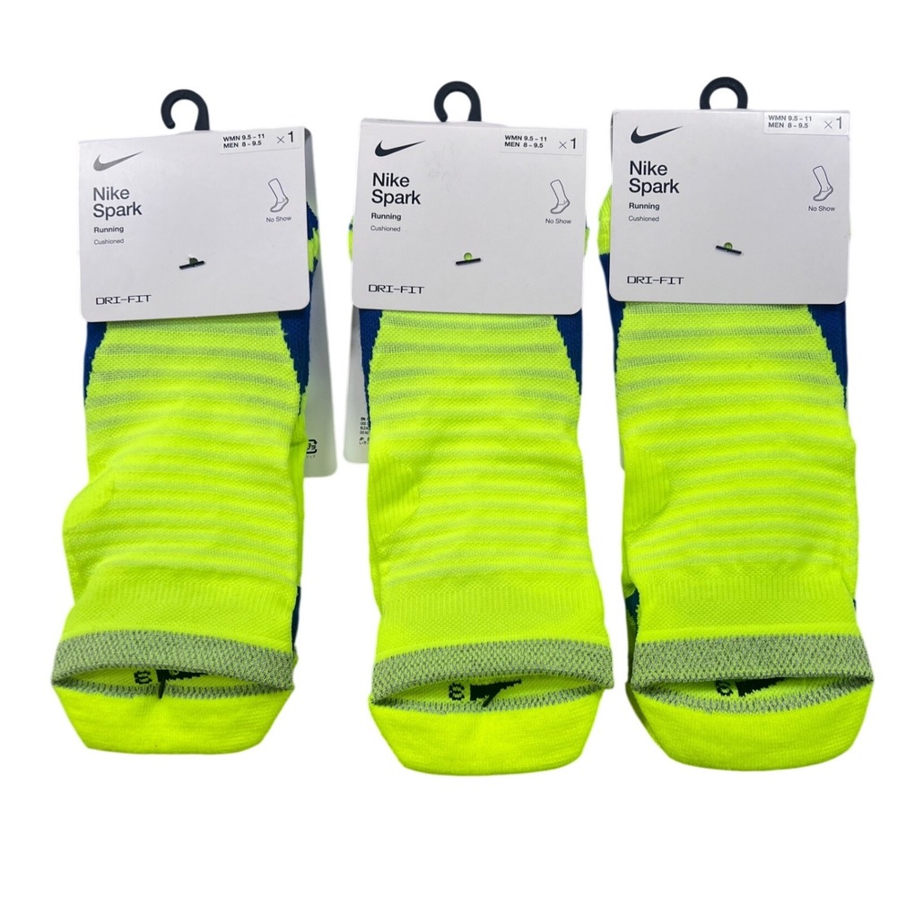 3pk Nike Spark Running Cushioned No Show Socks Volt Yellow Blue M 8-9.5 W 9.5-11